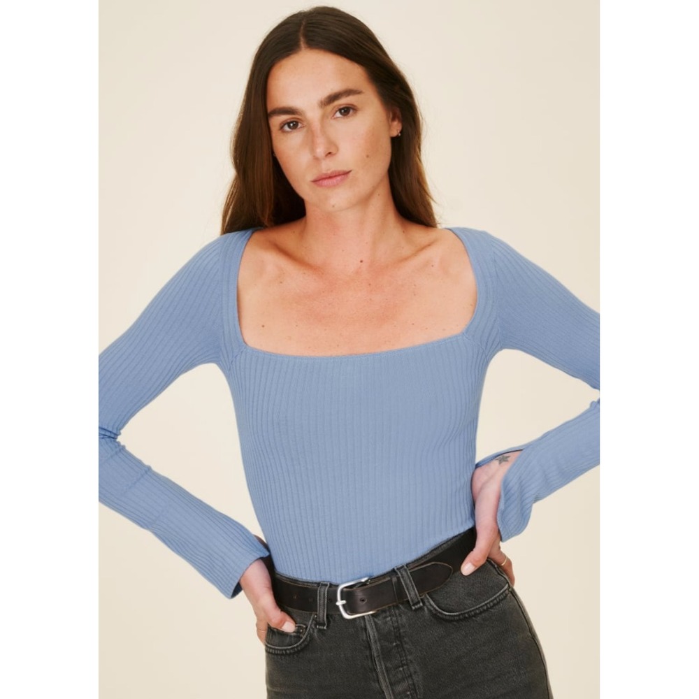 Reformation Arbor Long Sleeve Rib Top Square Neck Blue Women's M